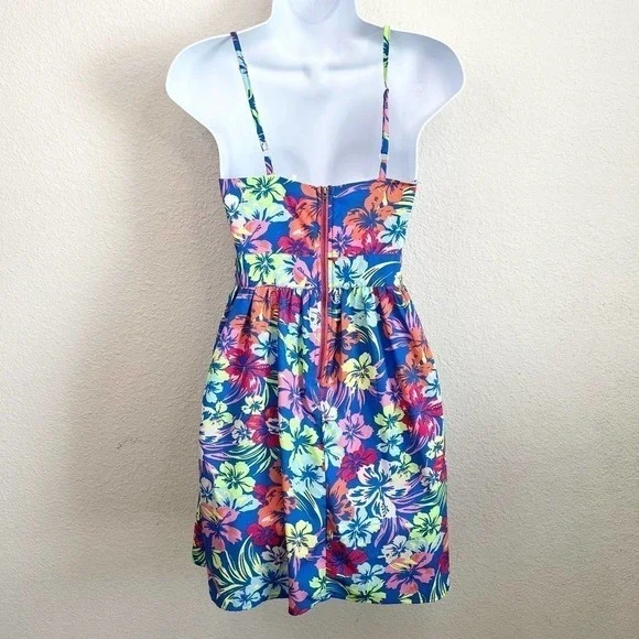 Red Camel Blue Multi Color Floral Hawaiian Fit & Flare Mini Sun Dress 1 Tropical - Picture 3 of 6